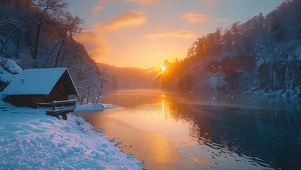 雪原落日湖边小屋