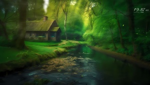 治愈护眼森林溪边小屋清晨