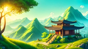 清新护眼绿色山峰小塔