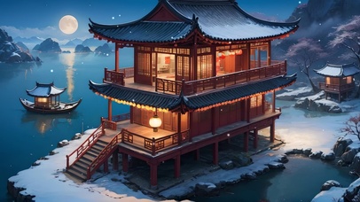 冬夜湖边中式小屋