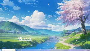 蓝天白云樱花树木河流桌面主题