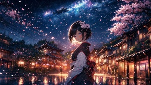 唯美樱花街道少女