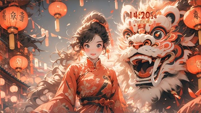 热闹舞狮街道少女