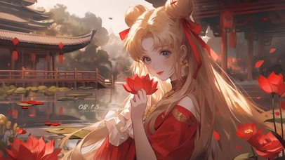 4K古风荷塘花花女孩