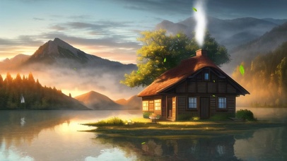 傍晚湖中岛上小屋