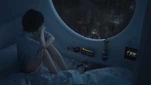 夜晚窗外雨科幻房间少女 