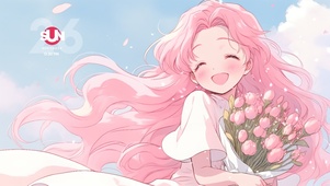 动漫粉发捧花女孩