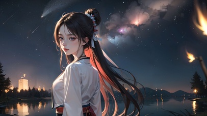 夜晚湖畔汉服少女