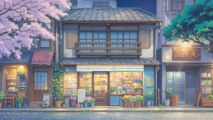 春夜樱花树下花店