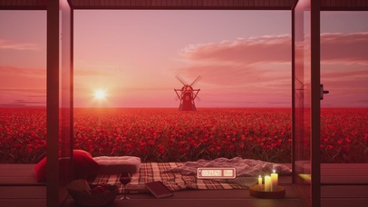 唯美夕阳花田风车