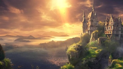 日落唯美湖边雾霭城堡