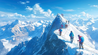 在山脊攀爬的登山队