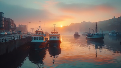 日落港口城市码头
