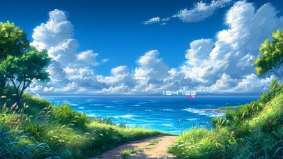 唯美绿色草地大海