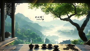 古风饮茶观山