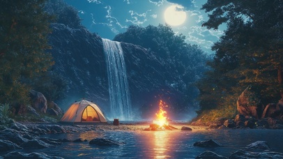 瀑布 露营