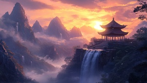 落日高山上的亭子