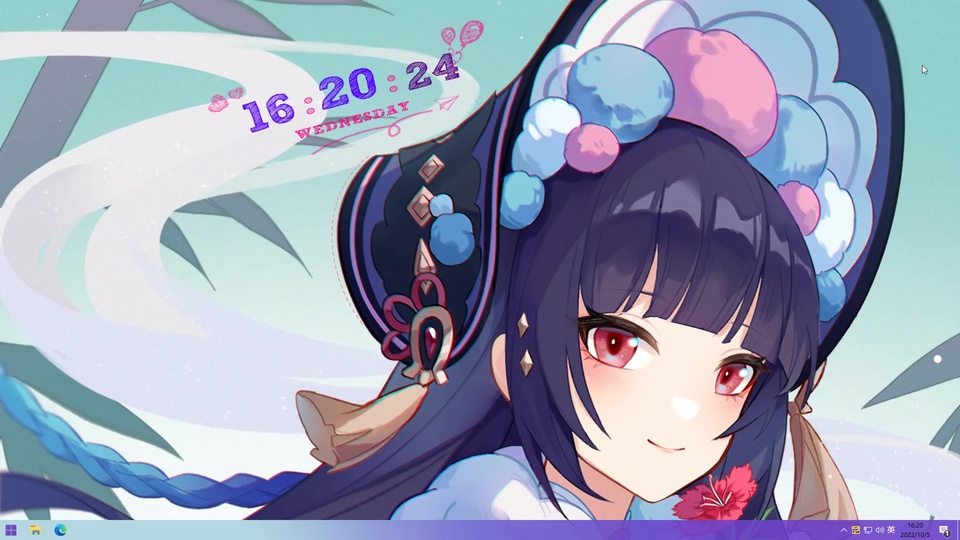 紫发红瞳古风少女头戴绒球宽檐帽，近景画面配手绘时间字样，背景淡青绿色带竹叶装饰。