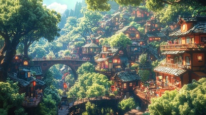 夏日绿色森林古镇建筑