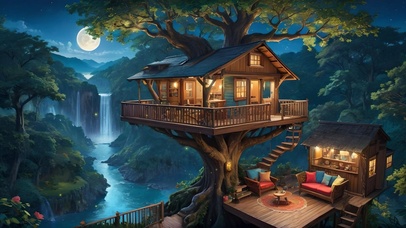 月夜瀑布树屋
