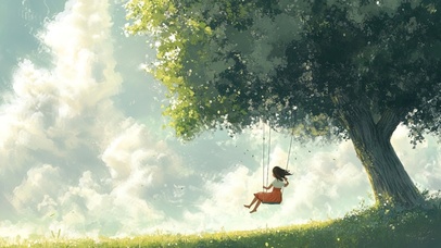 在天空大树下荡秋千