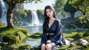 古风山间小溪戏水少女