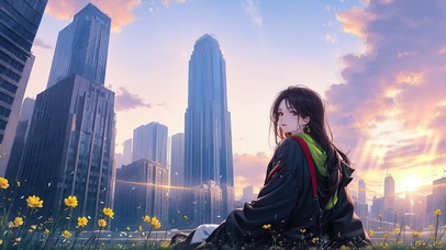 治愈系夕阳下悠闲的女孩