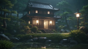 雨夜池塘小屋