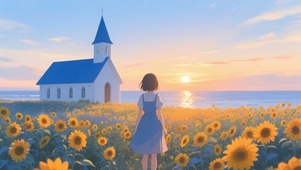 海边向日葵花田教堂与少女