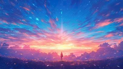 日落山巅俯瞰云海