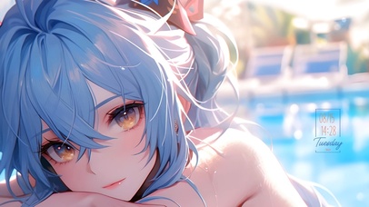 蓝发可爱泳池少女