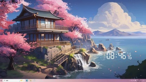 古风樱花树木房屋海景主题