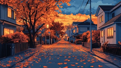 秋日落叶晚霞温馨街景