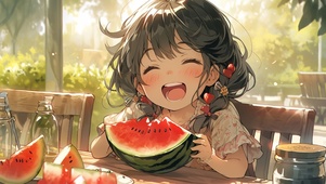 夏天吃西瓜的小女孩