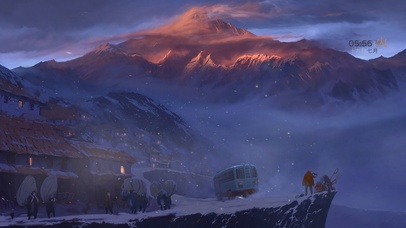 4k 唯美高山暴风雪小镇