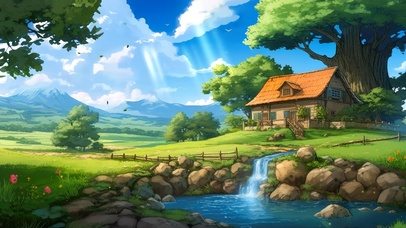 唯美治愈插画溪边小屋
