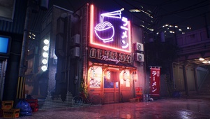 夜晚雨中的小店