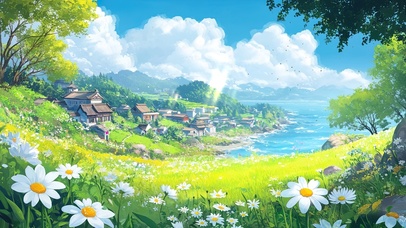 蓝天白云下的雏菊小镇