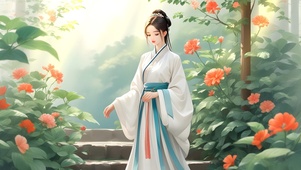 绿色护眼古风美女手绘花朵插画2