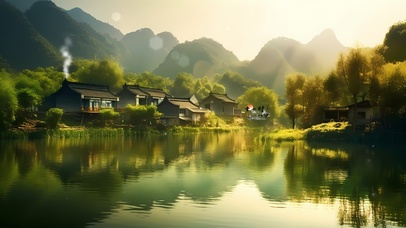 清新护眼绿色湖水大山