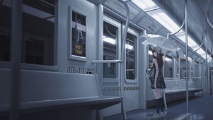 地铁上撑伞的女孩