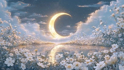 弯月下的白色花海湖泊