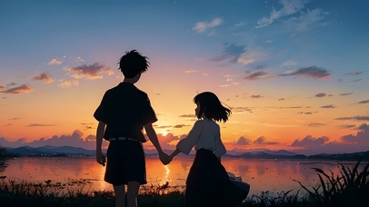 情侣牵手唯美背影夕阳(动漫动态壁纸) - 动态壁纸下载 - 元气壁纸