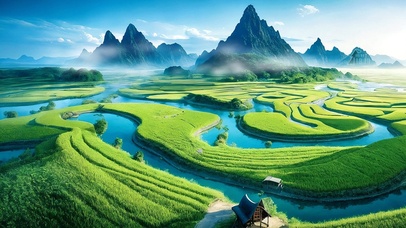 青山云海下麦田河渠