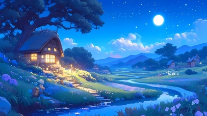 夜晚草原河流小屋