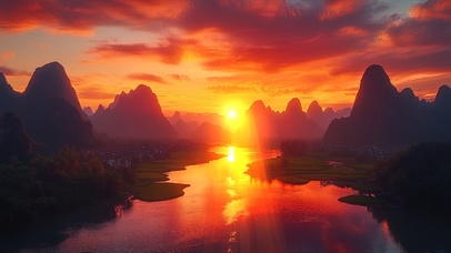 落日喀斯特山峰