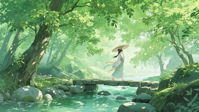 夏日树林溪边撑伞姑娘