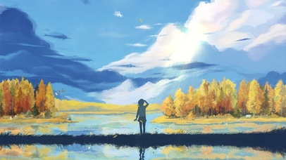 河流田野蓝天白云