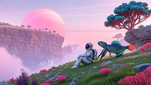 宇航员闲坐观外星球风景