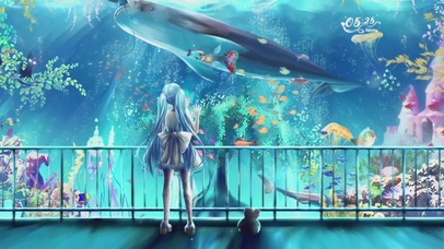 海洋馆看鱼的双马尾女孩